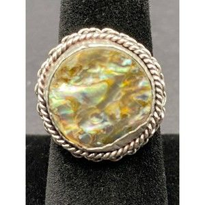 Abalone Multicolor Shell Ring Size 8 - 925 Sterling Silver From Mexico VINTAGE